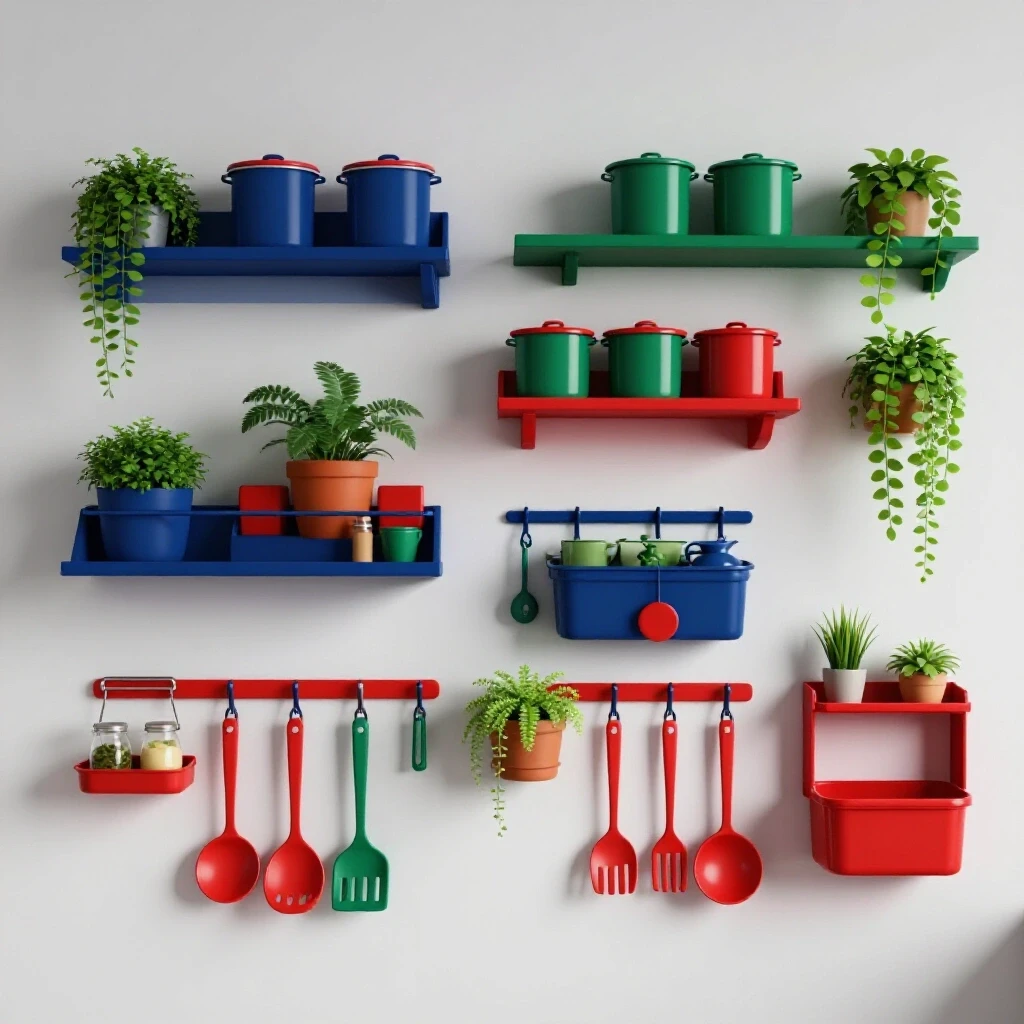 Organized kitchen wall with vibrant storage solutions and cascading plants against a light grey background.