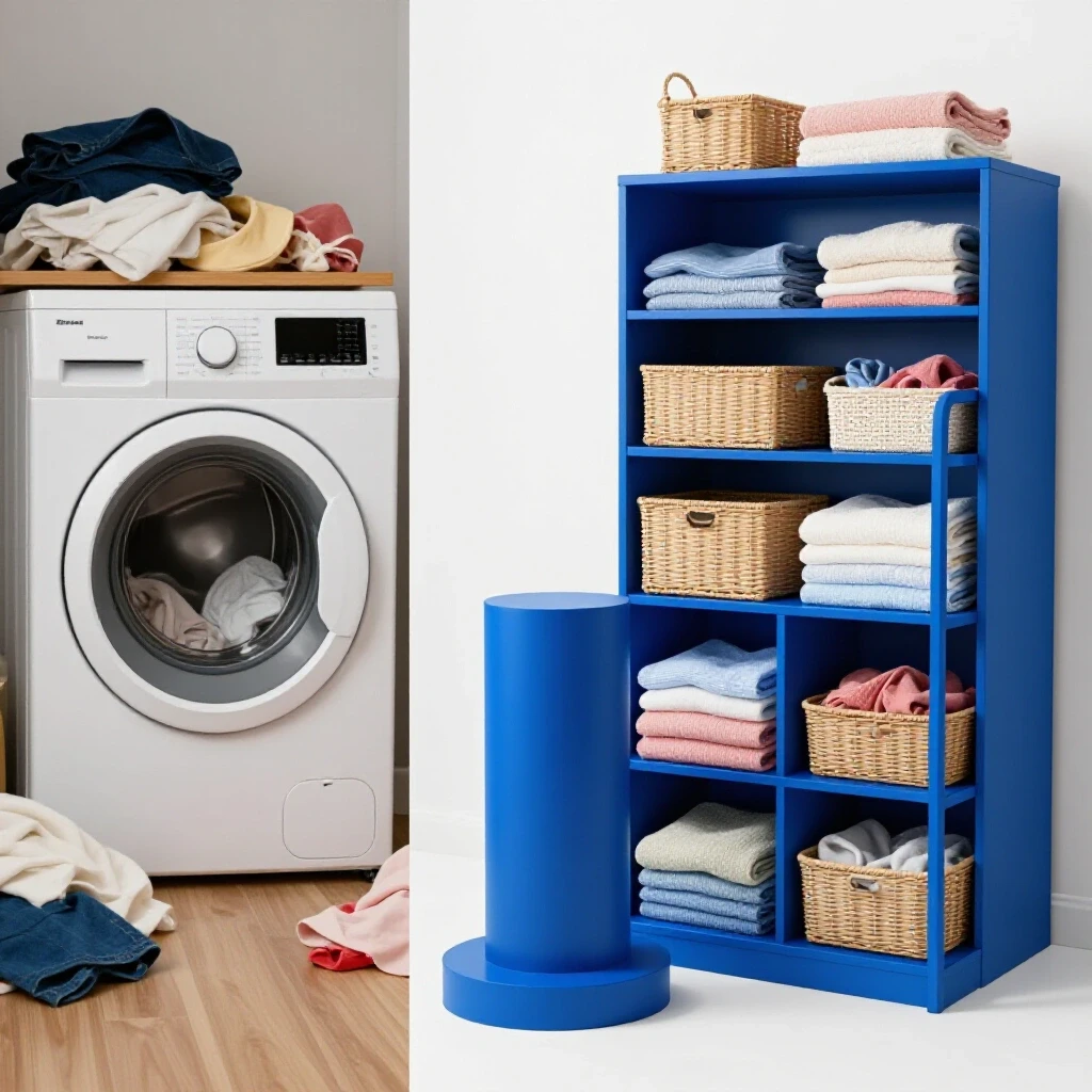 A split-screen image showing a cluttered laundry area contrasted with a neatly organized space showcasing a DIY laundry pedestal in vibrant blue.
