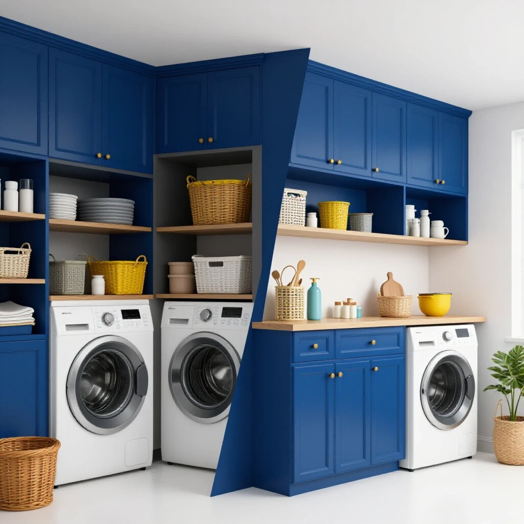 A vibrant contrast of an organized laundry room makeover beside a cluttered space, emphasizing functional design.