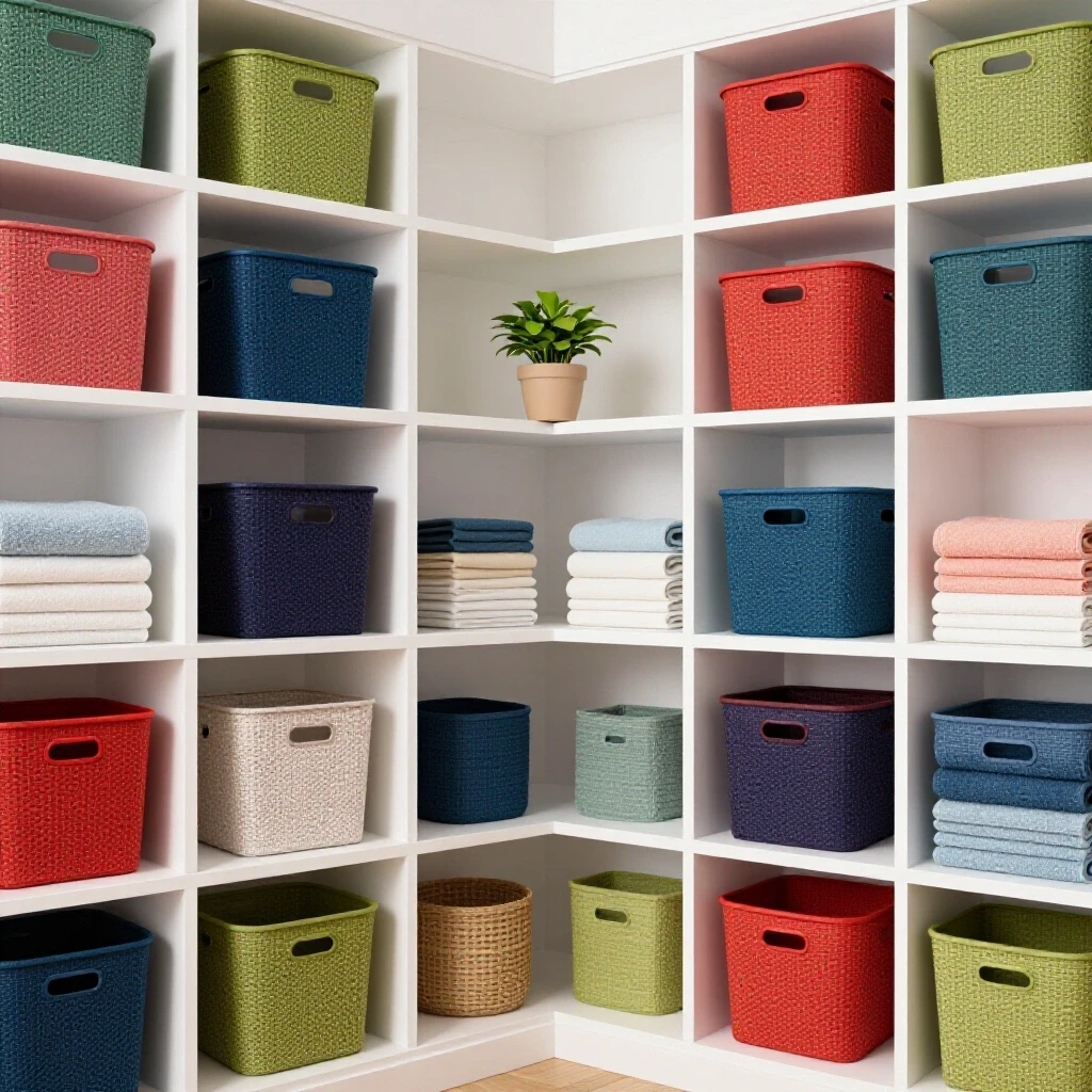 A cozy laundry room showcasing colorful storage baskets on shelves and neatly folded towels, with a small plant balanced on a shelf.