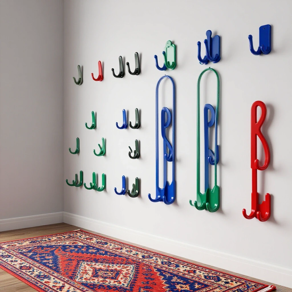 A stunning entryway with colorful mudroom hooks on display, accented by a vibrant patterned rug.