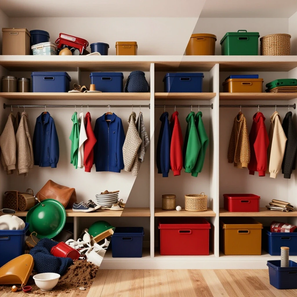 A striking transformation showing a cluttered mudroom contrasted with an organized and stylishly decorated mudroom, inviting DIY inspiration.
