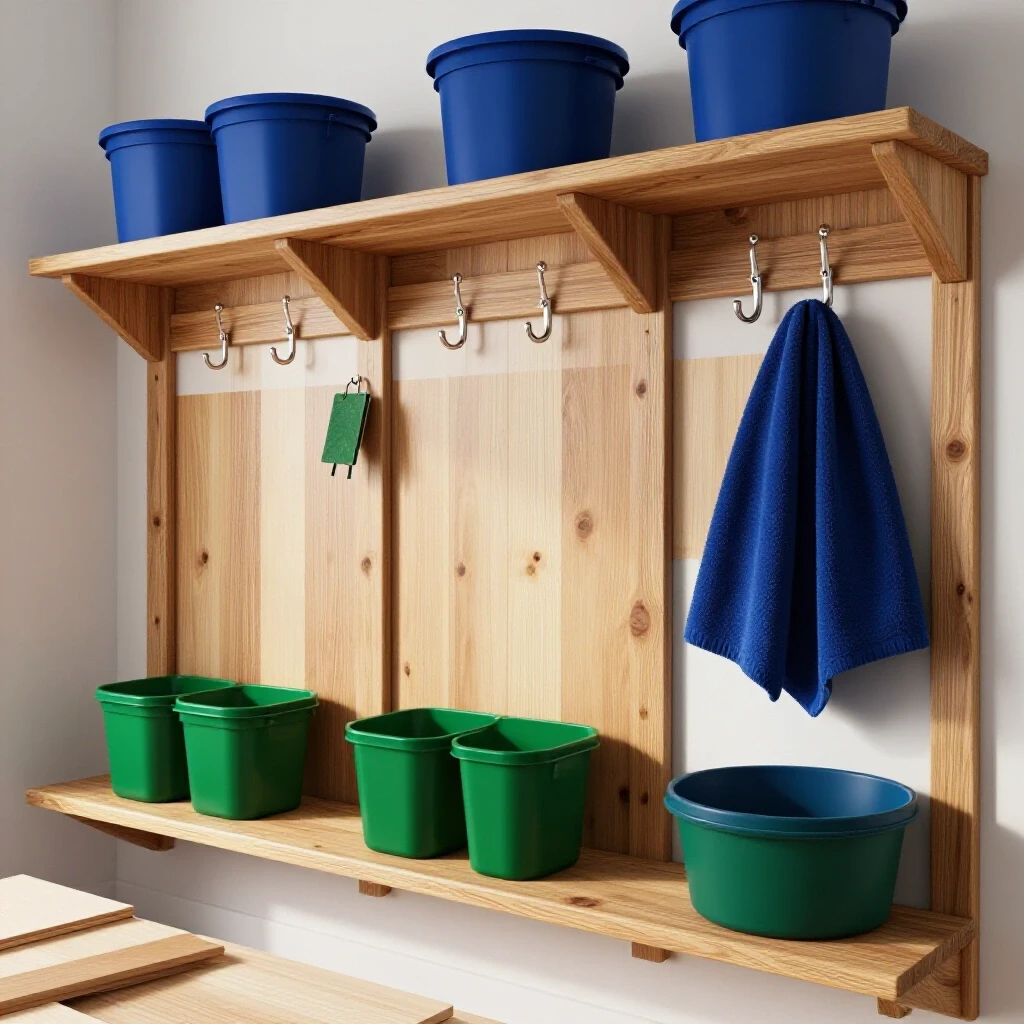 A beautifully organized mudroom wall system featuring rustic wooden shelves and sleek metal hooks, with a DIY project in the foreground.
