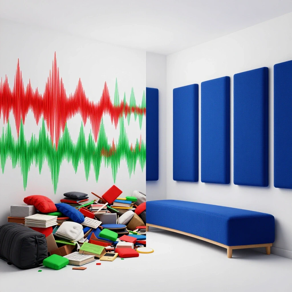 A split room showcasing the contrast between a chaotic, colorful half and a serene, minimalist half with noise-canceling panels.