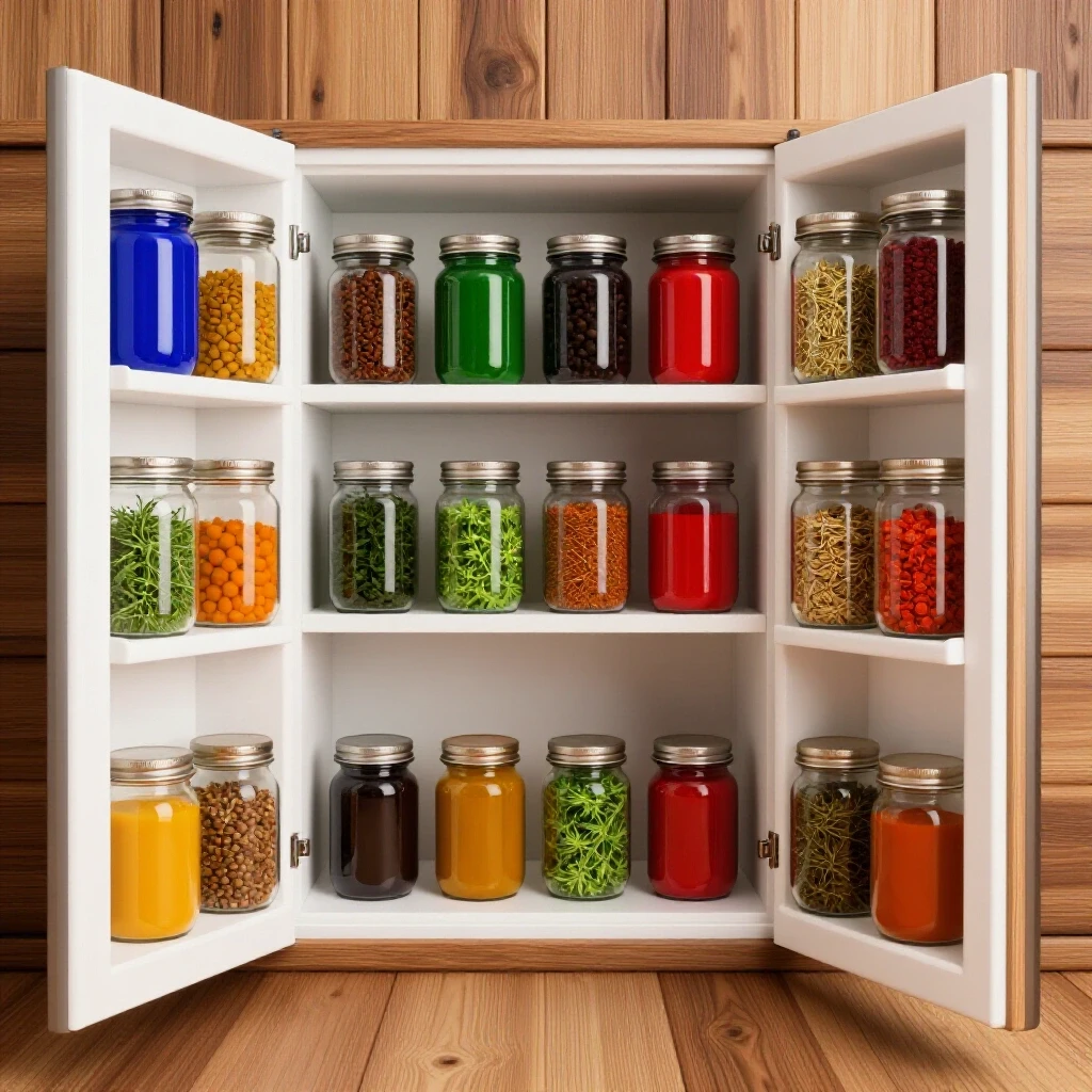 Open pantry door showcasing colorful jars, herbs, and spices on a rustic wooden backdrop.