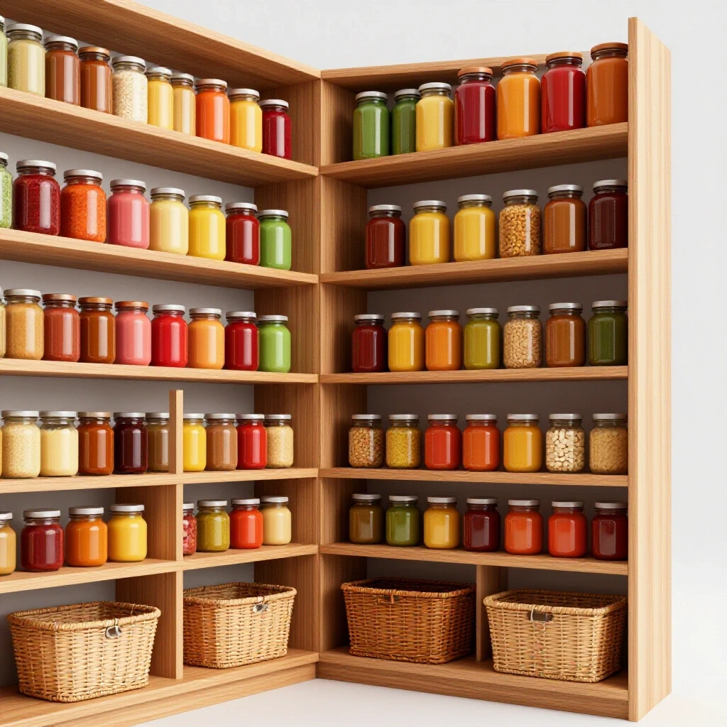 Inviting wood pantry shelves filled with colorful jars and rustic baskets, bright and organized, showcasing DIY storage ideas.