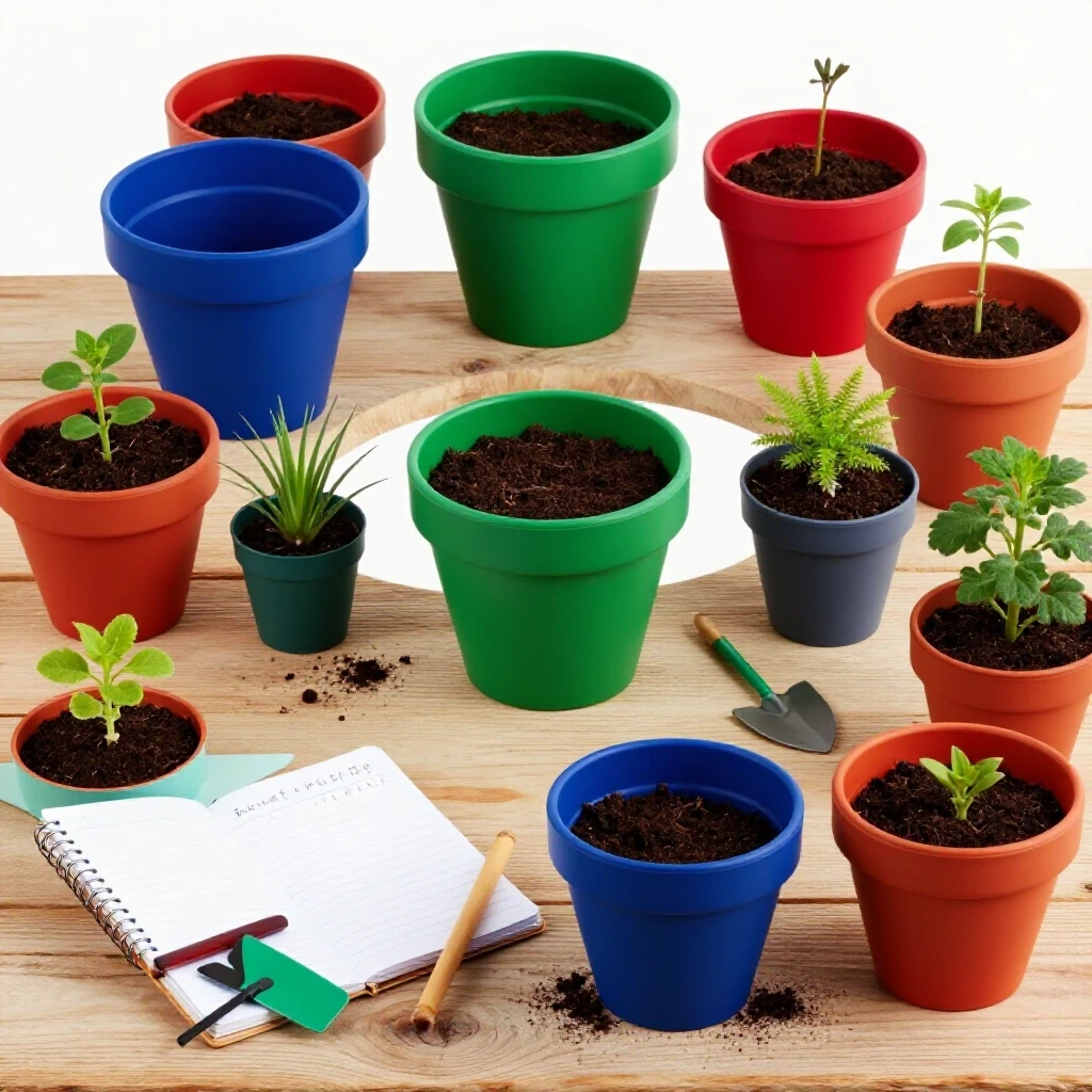 Vibrant DIY planter materials on a rustic surface, featuring colorful pots, soil, plants, and budget notes.