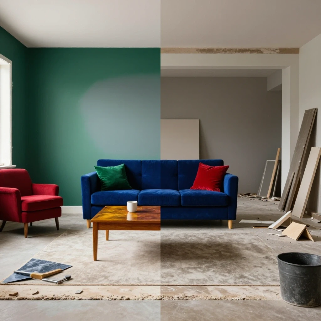 A visual contrast between a beautifully renovated room and a chaotic, unfinished DIY project, showcasing renovation lessons.