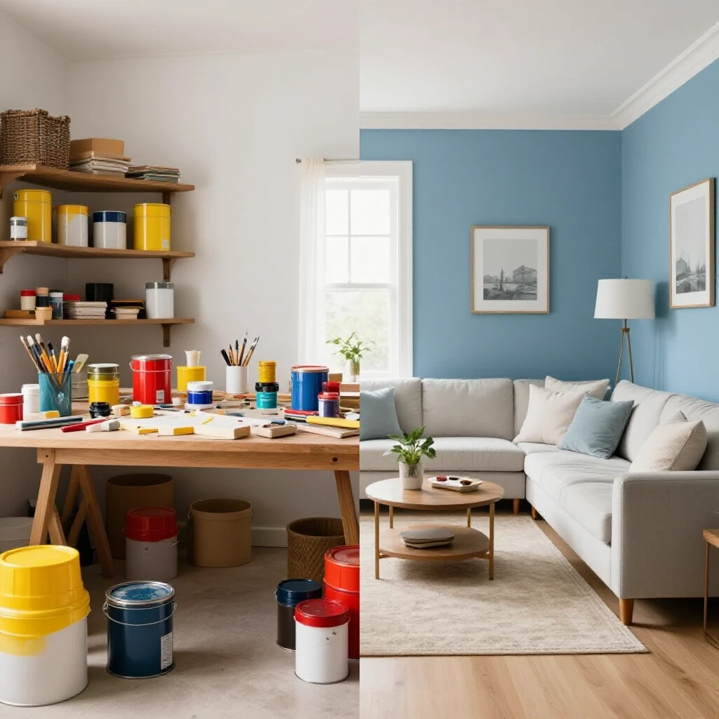 Split image contrasting a cluttered DIY workspace with a serene finished living room, showcasing home renovation choices.