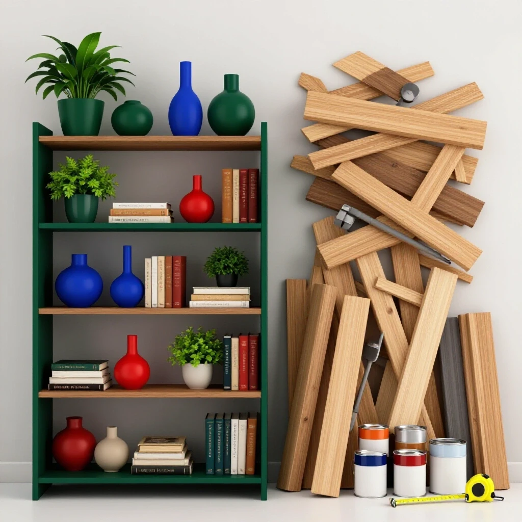 A beautifully styled shelf contrasted with a chaotic arrangement of DIY materials, showcasing the transition from raw to finished product.