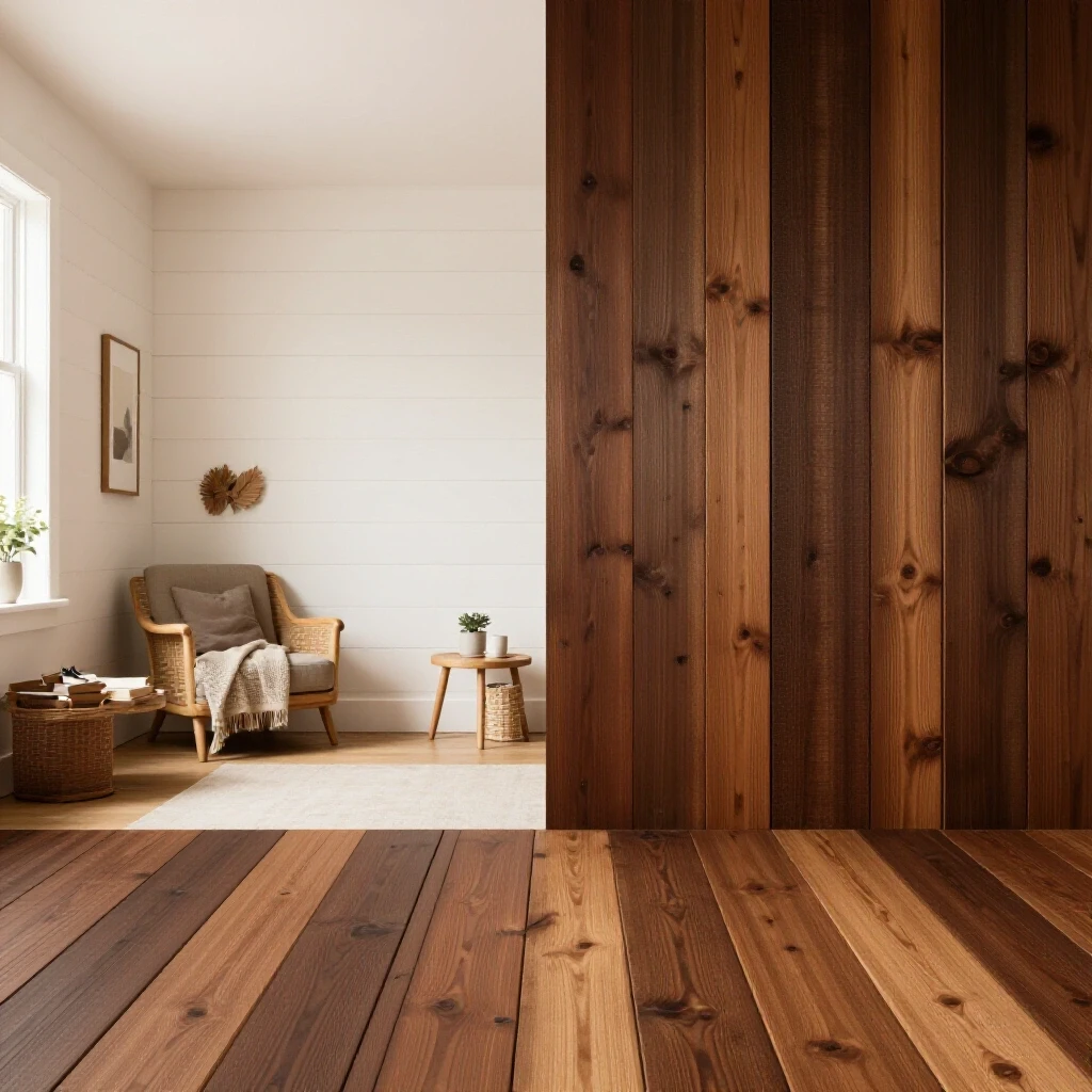 Comparison of a cozy shiplap room and a rustic real wood space, highlighting DIY home décor options.