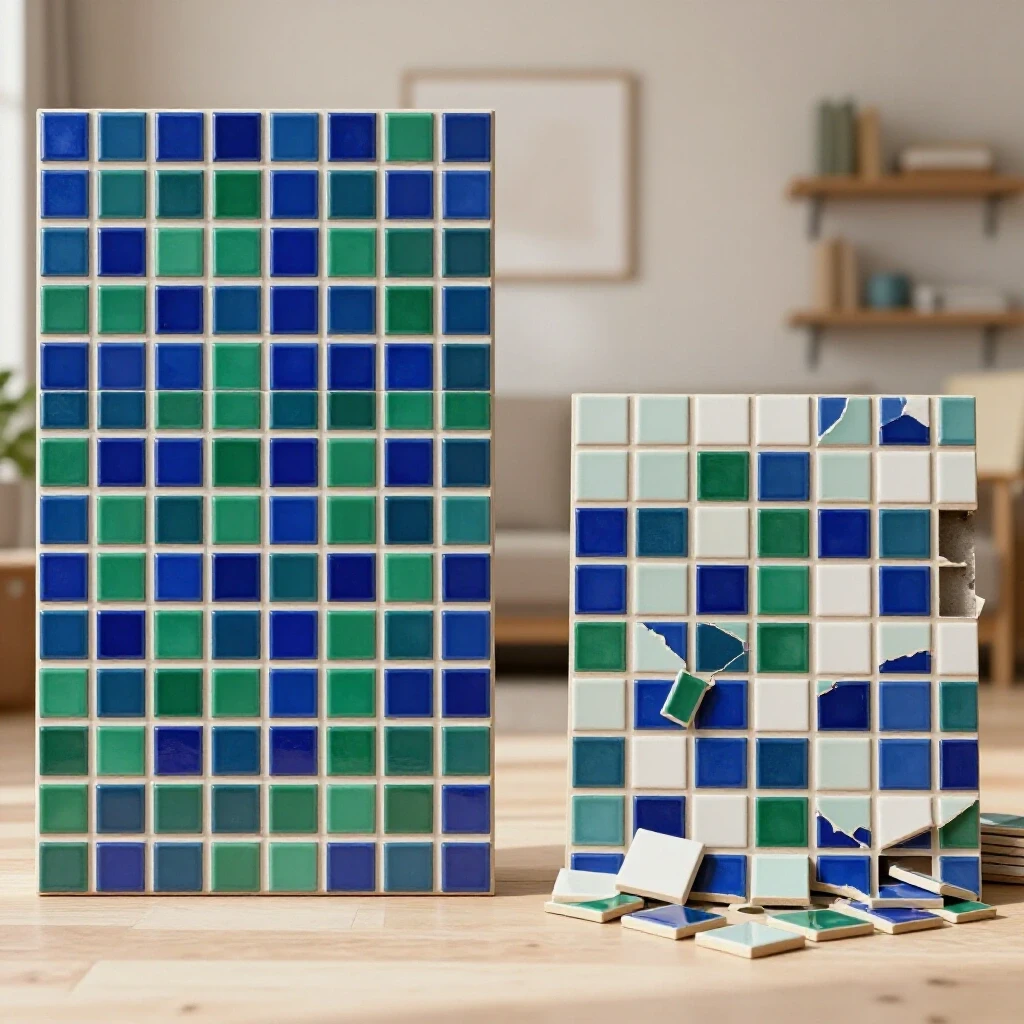 A visual comparison of a perfect and chaotic tile installation side by side, set against a cozy home backdrop.