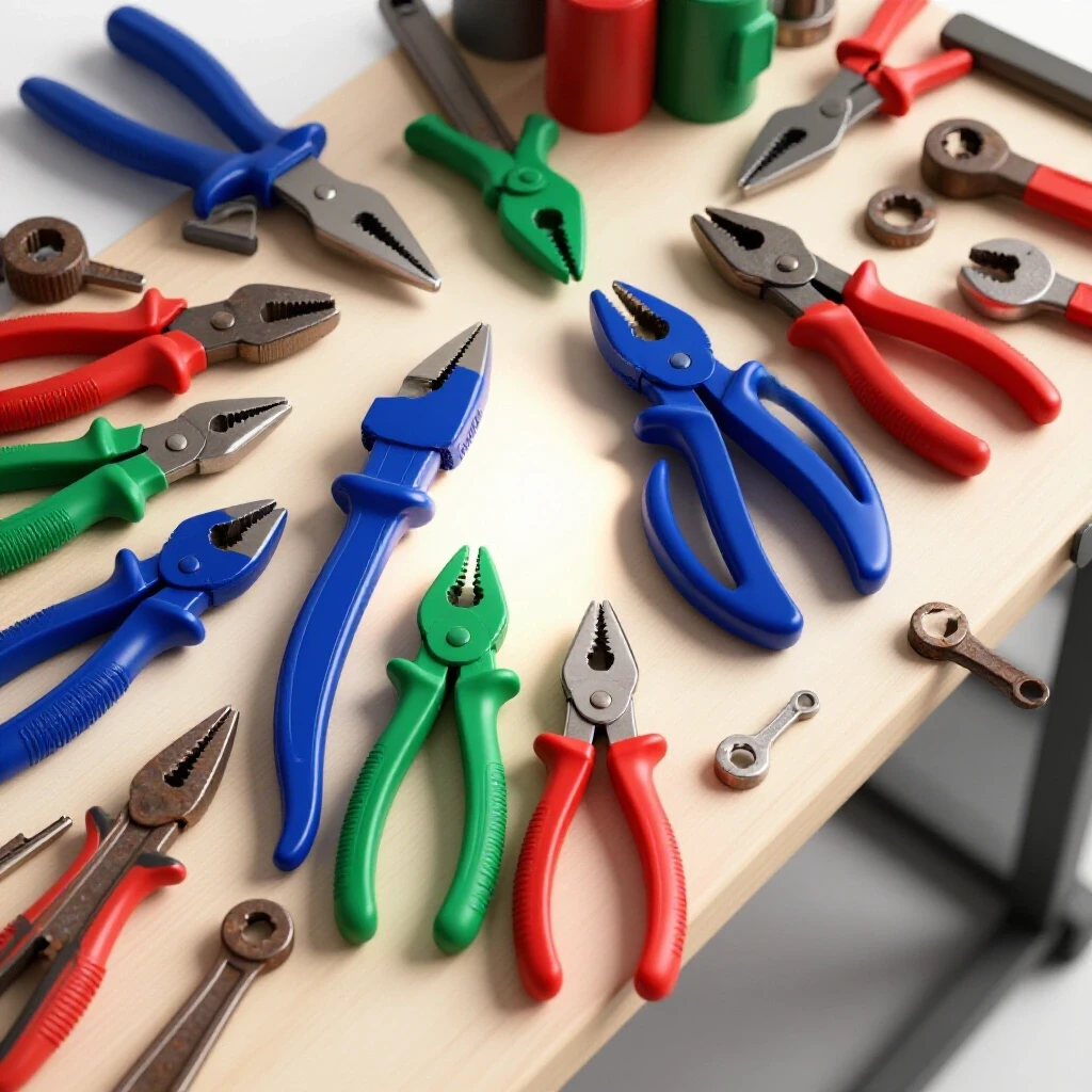 A cluttered workbench showcasing shiny, new tools contrasting with worn, rusty ones, emphasizing DIY tool buying mistakes.