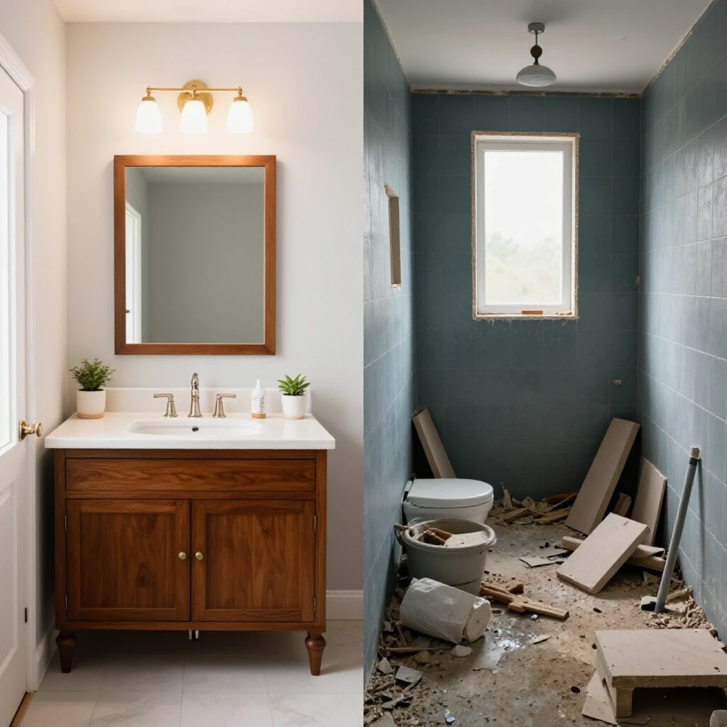 A split-image of a renovated bathroom contrasting with a cluttered, unfinished bathroom project, showcasing DIY vs contractor remodels.