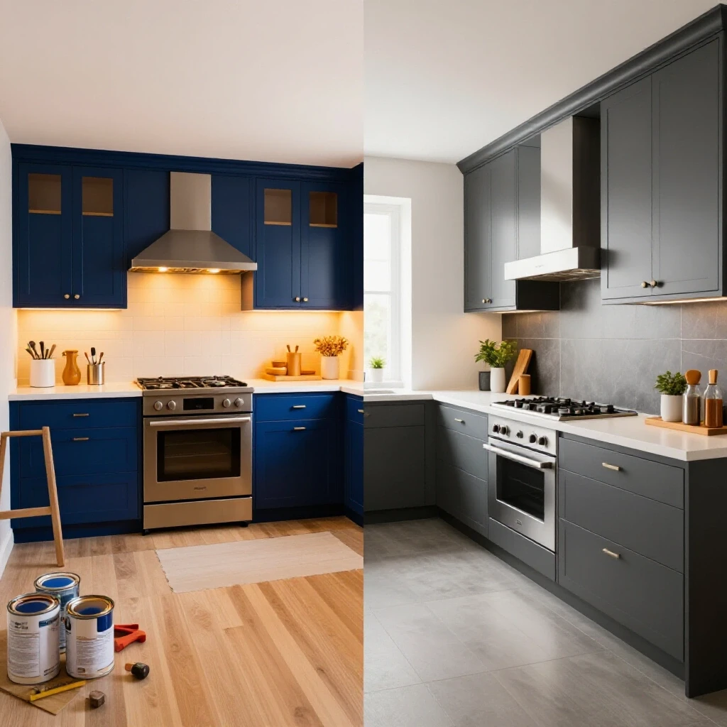 A split image of a DIY kitchen remodel with rich colors and a contractor's kitchen with sleek finishes, illustrating two design approaches.