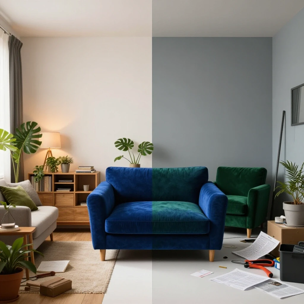 A split-image showing a cozy, well-maintained home contrasted against a cluttered, neglected space, illustrating home maintenance costs.