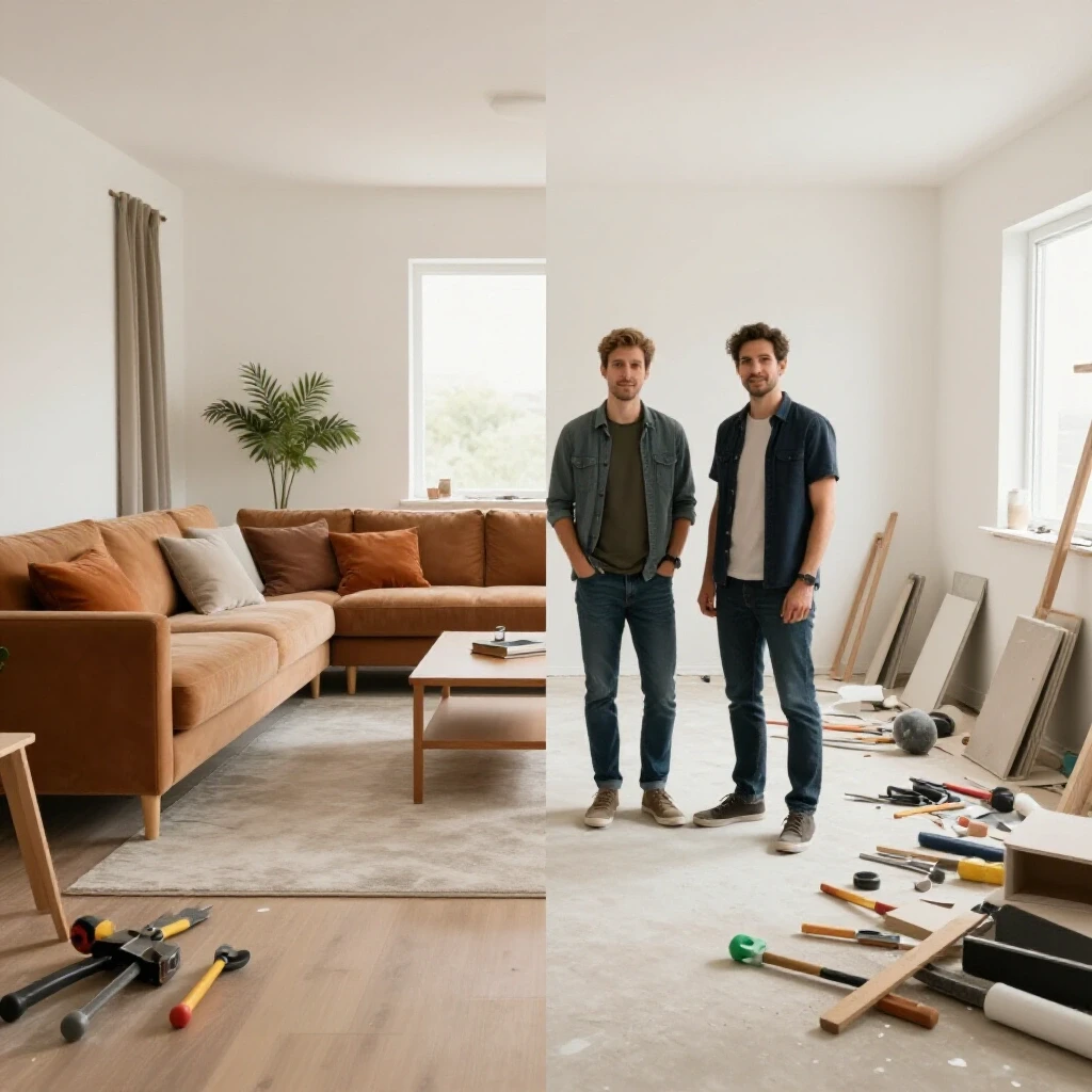 A split image contrasting a beautifully finished professional remodel with a chaotic DIY project, highlighting home renovation costs.