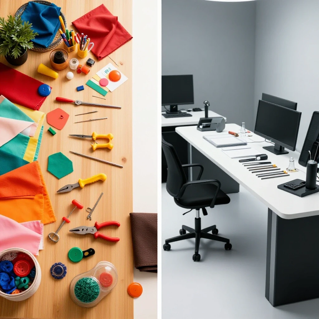 A split-image comparing a cozy DIY workspace with vibrant tools on one side and a modern professional repair setting on the other, highlighting home repair options.