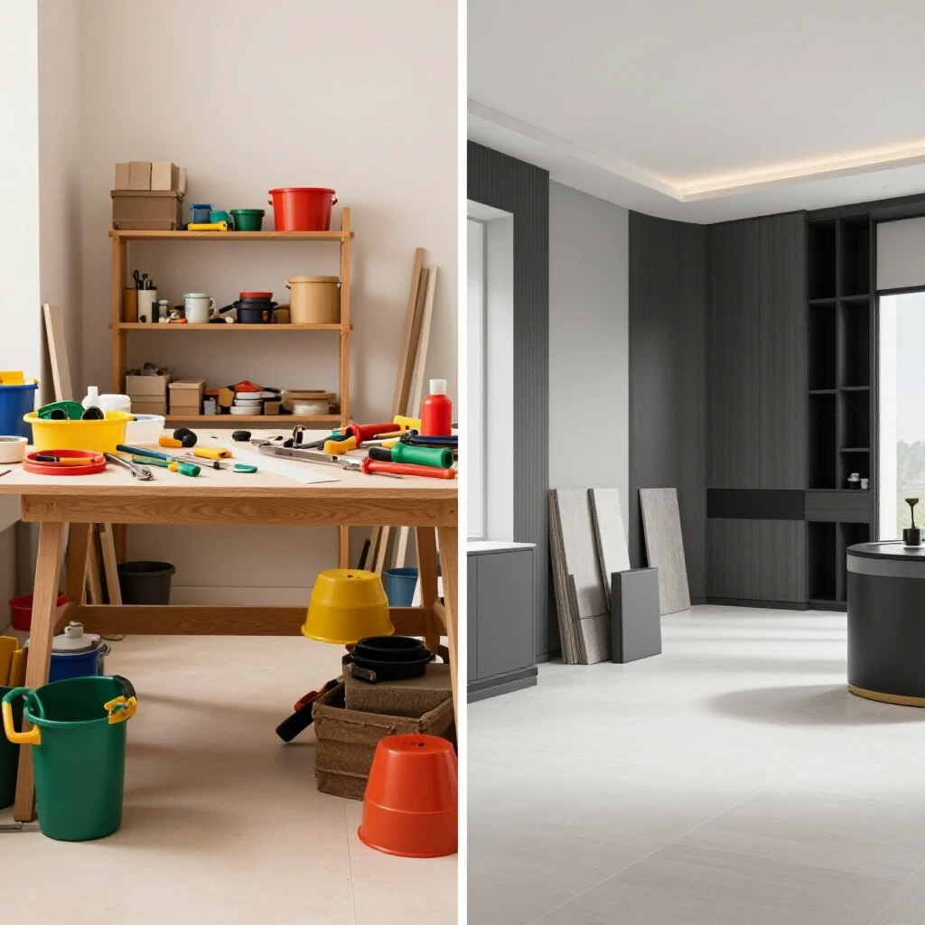 A split-image contrasting a colorful DIY workspace with a sophisticated professional renovation scene, illustrating two approaches to home improvement.