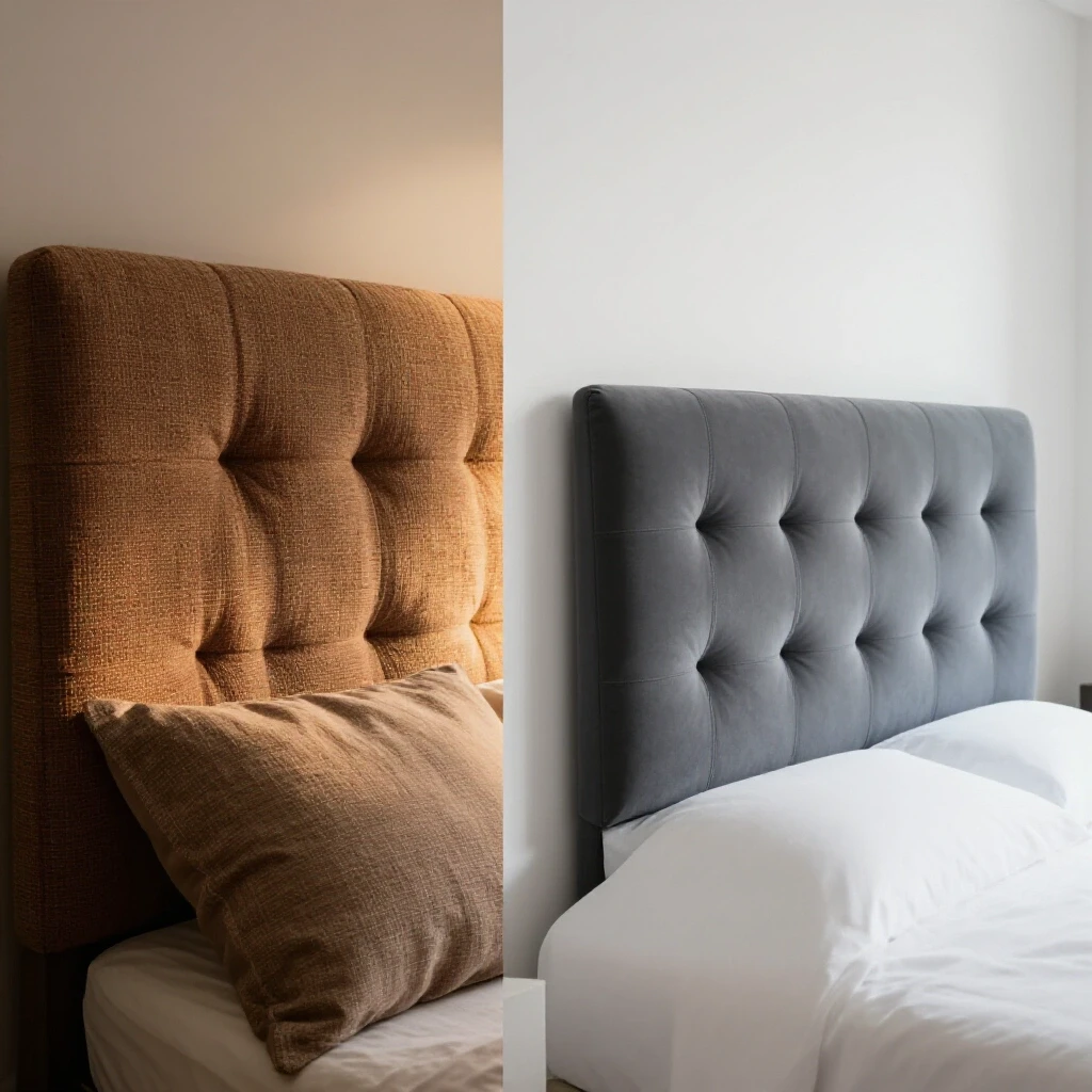 A comparison of a textured DIY headboard and a sleek mass-produced headboard, highlighting differences in style and warmth.