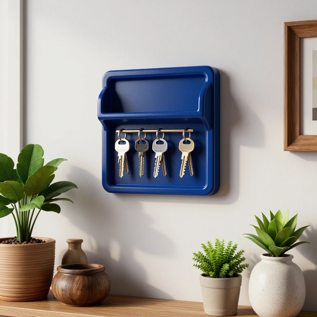 A vibrant wall-mounted key holder in a bright entryway, surrounded by plants and rustic decor, showcasing organization and style.