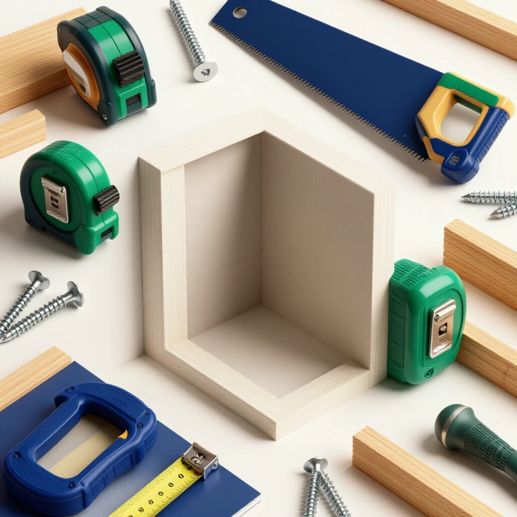Partially constructed wall niche with tools and materials arranged for a DIY home improvement project.