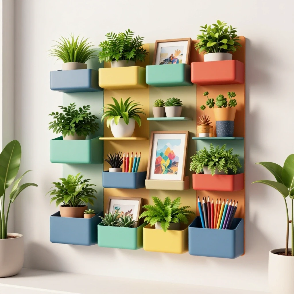 A vibrant wall organizer filled with plants and art supplies, set in a bright studio environment.