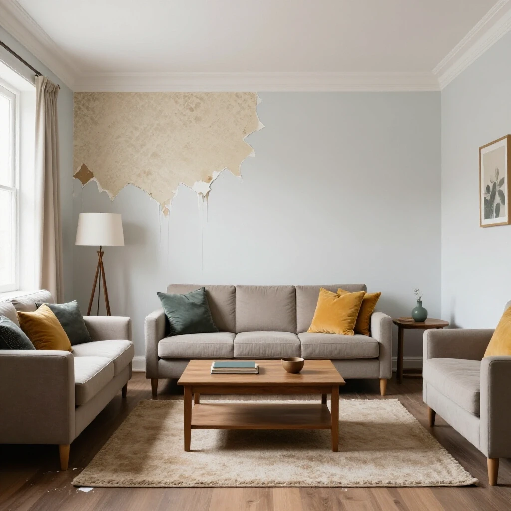 A split scene showing a water-damaged living room alongside a beautifully restored version, highlighting transformation.