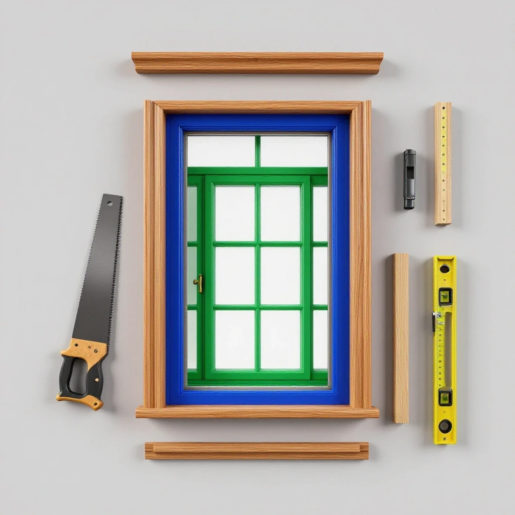 A beautifully finished window with contrasting raw wood trim and tools for DIY installation, set in a bright studio environment.