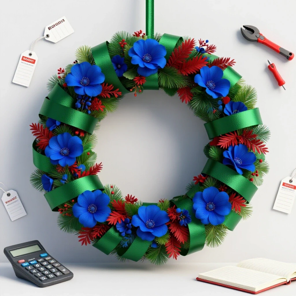 A vibrant DIY wreath surrounded by budgeting tools like price tags, a calculator, and a notebook on a bright studio background.