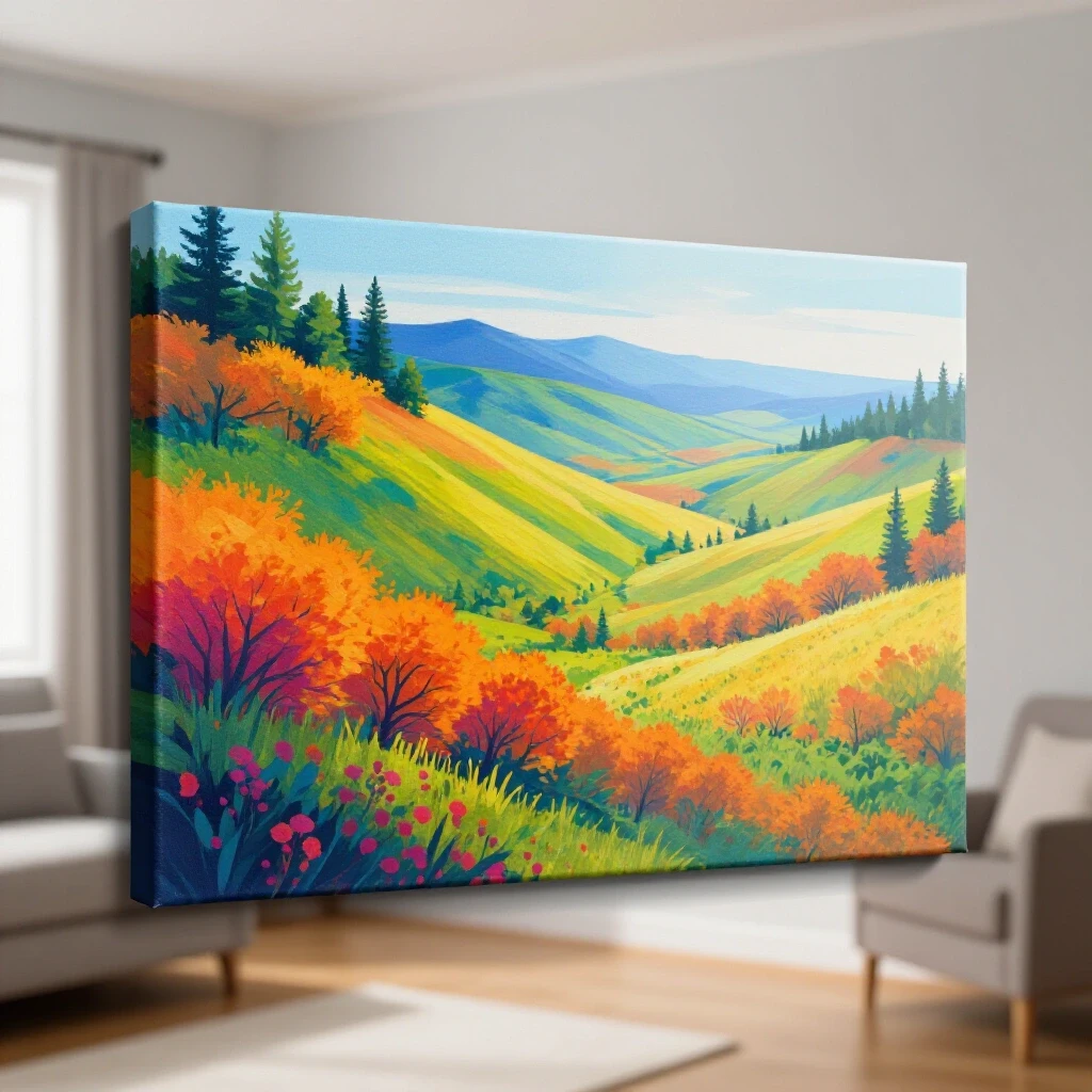 Vibrant canvas print transitioning to a faded version against a cozy home backdrop, highlighting durability.