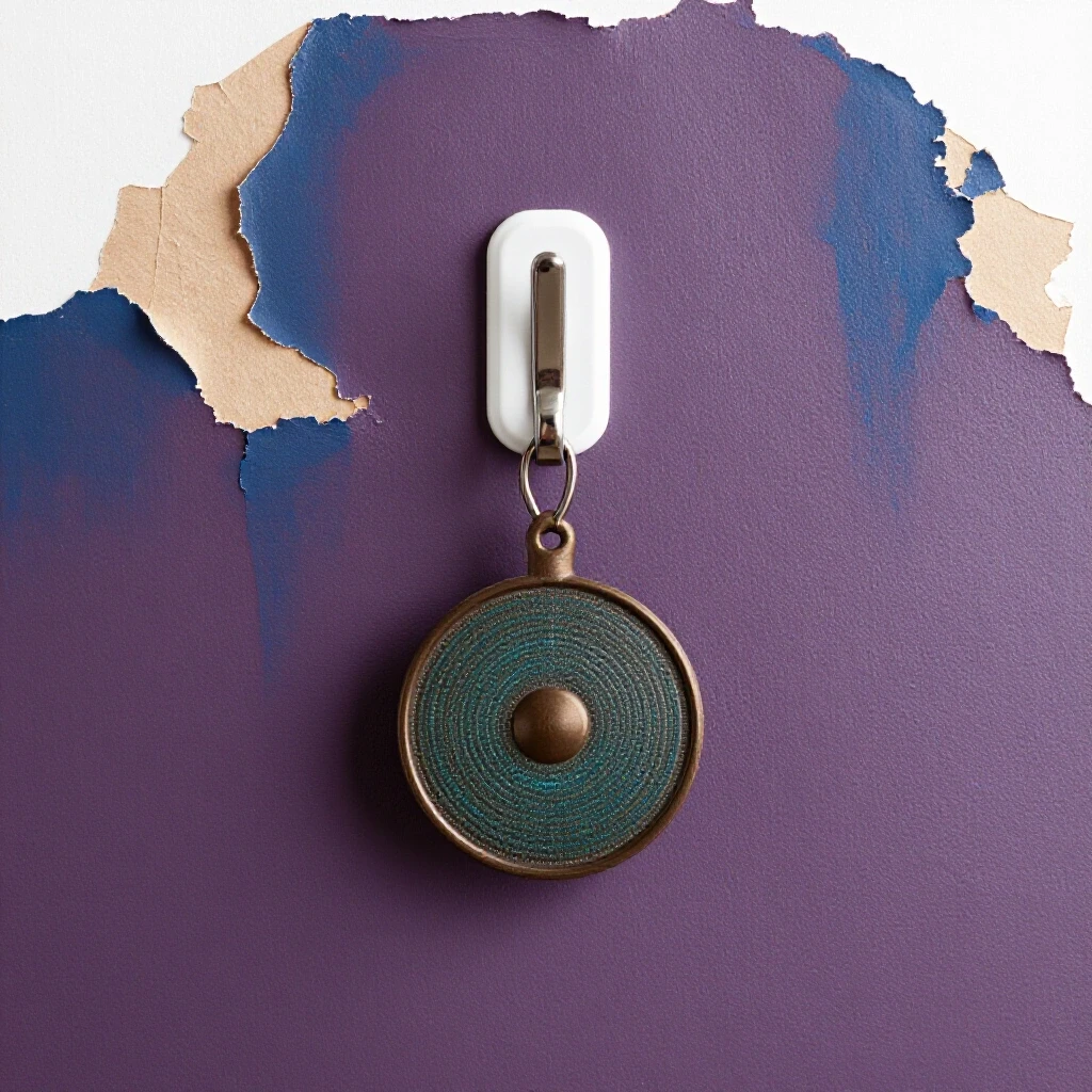 Close-up of a Command Hook on a vibrant wall, showcasing stylish decor amidst peeling paint.