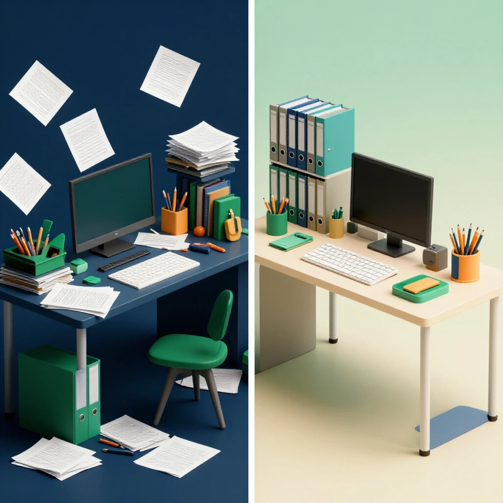 A contrasting workspace scene shows a cluttered desk on one side and an organized labeled desk on the other, symbolizing the benefits of labeling.