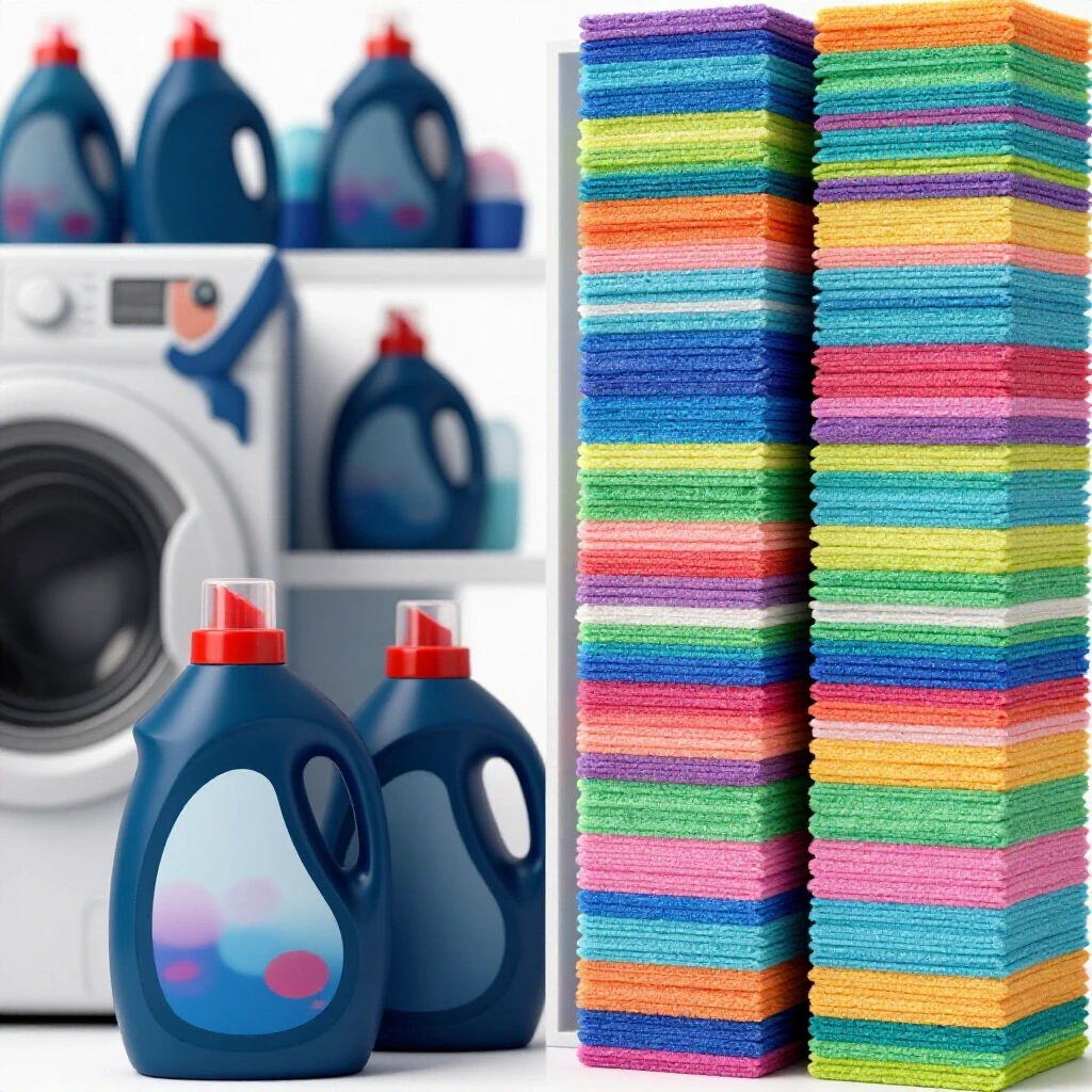 A vibrant laundry room scene comparing disorganized liquid detergent bottles with neatly stacked colorful detergent sheets, highlighted by bright lighting.