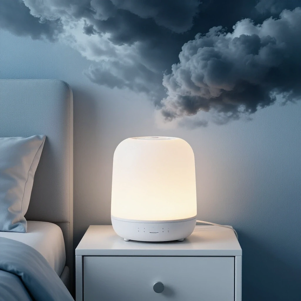 A serene bedroom scene with a white noise machine on a bedside table, contrasting soothing colors with chaotic dark clouds.