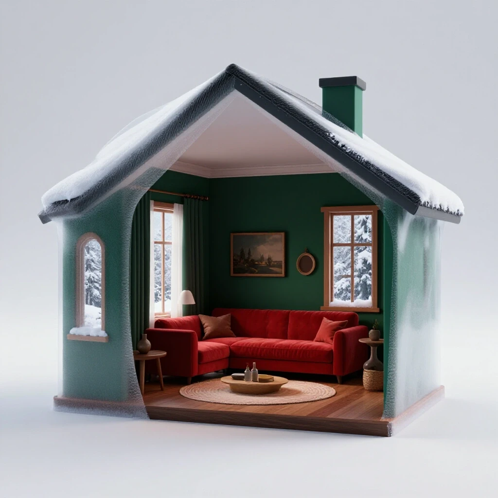 3D rendering of a cozy interior contrasted with a cold exterior, showcasing weather stripping as a protective layer.