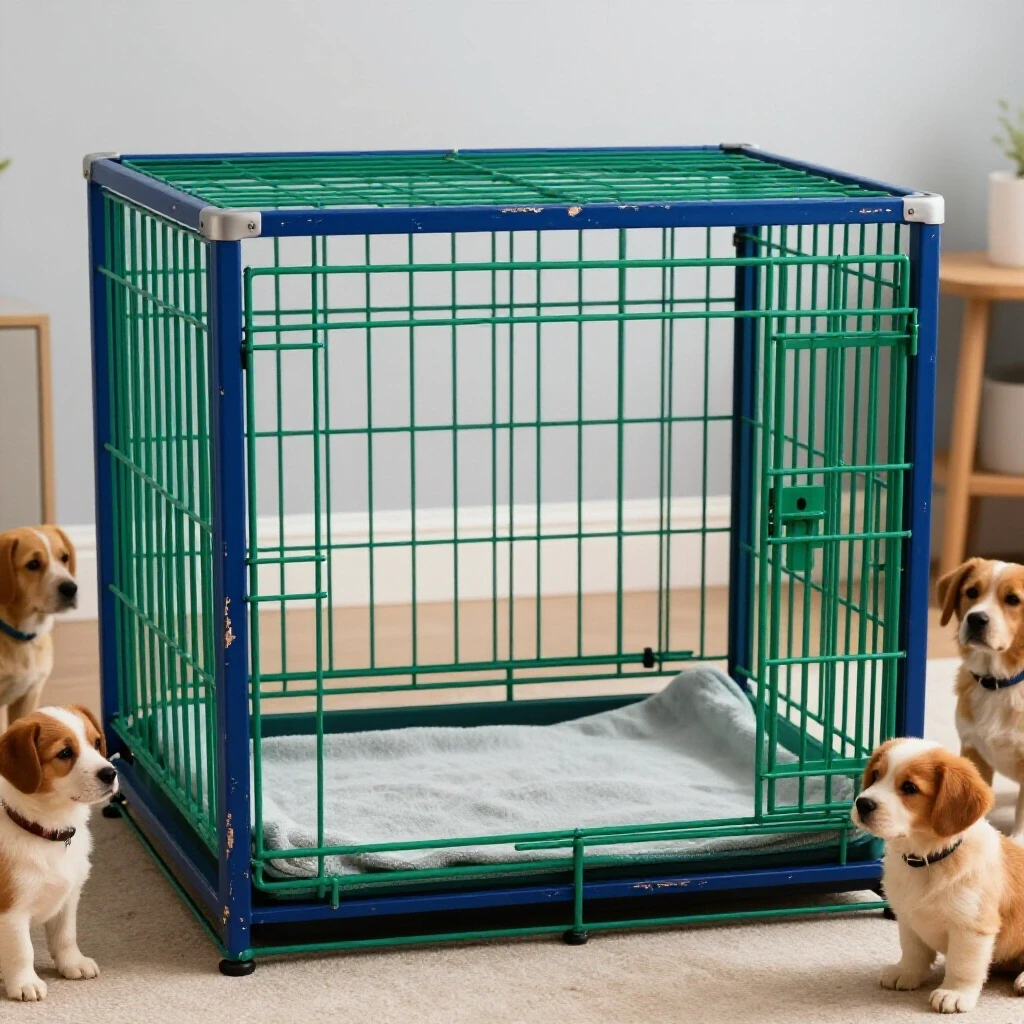 A well-worn sturdy dog crate in a cozy home setting with playful dogs, highlighting durability and comfort.