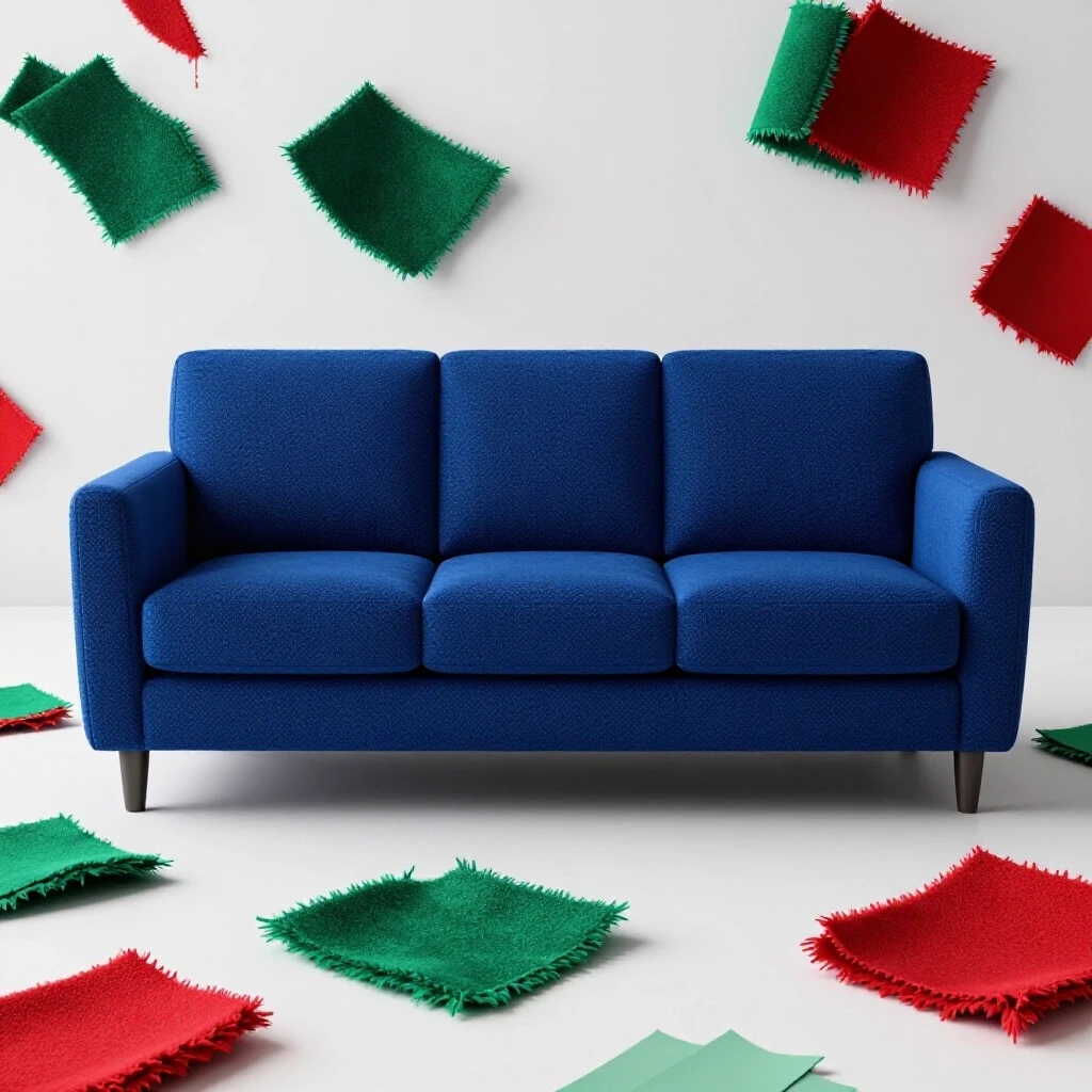 Cozy living room with a stylish dog-friendly sofa and colorful fabric samples scattered on the floor.