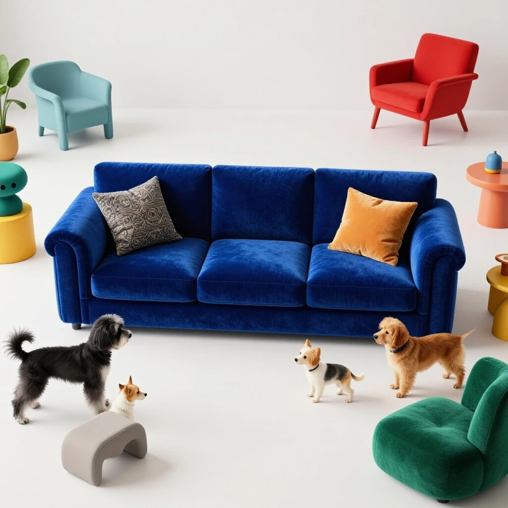 Stylish living room featuring a luxurious dog-proof sofa in deep royal blue, with playful dogs exploring vibrant furniture.