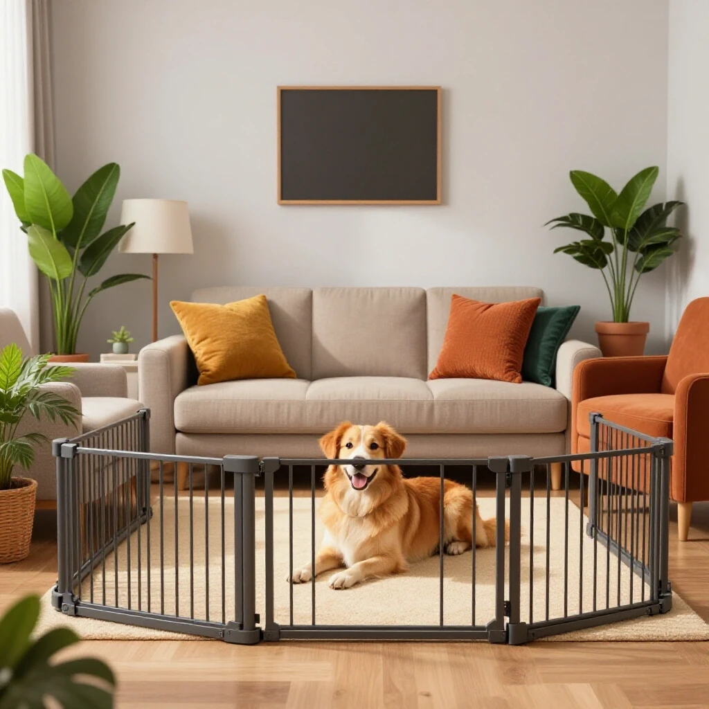 A cozy living room designed for dogs, featuring non-toxic plants, chew-proof furniture, and a happy dog lounging safely.
