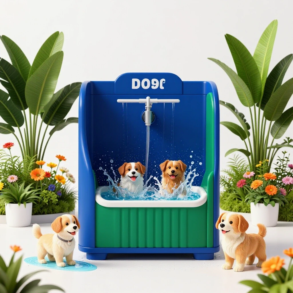 A modern dog wash station surrounded by playful dogs and vibrant flowers, creating a cozy backyard scene.