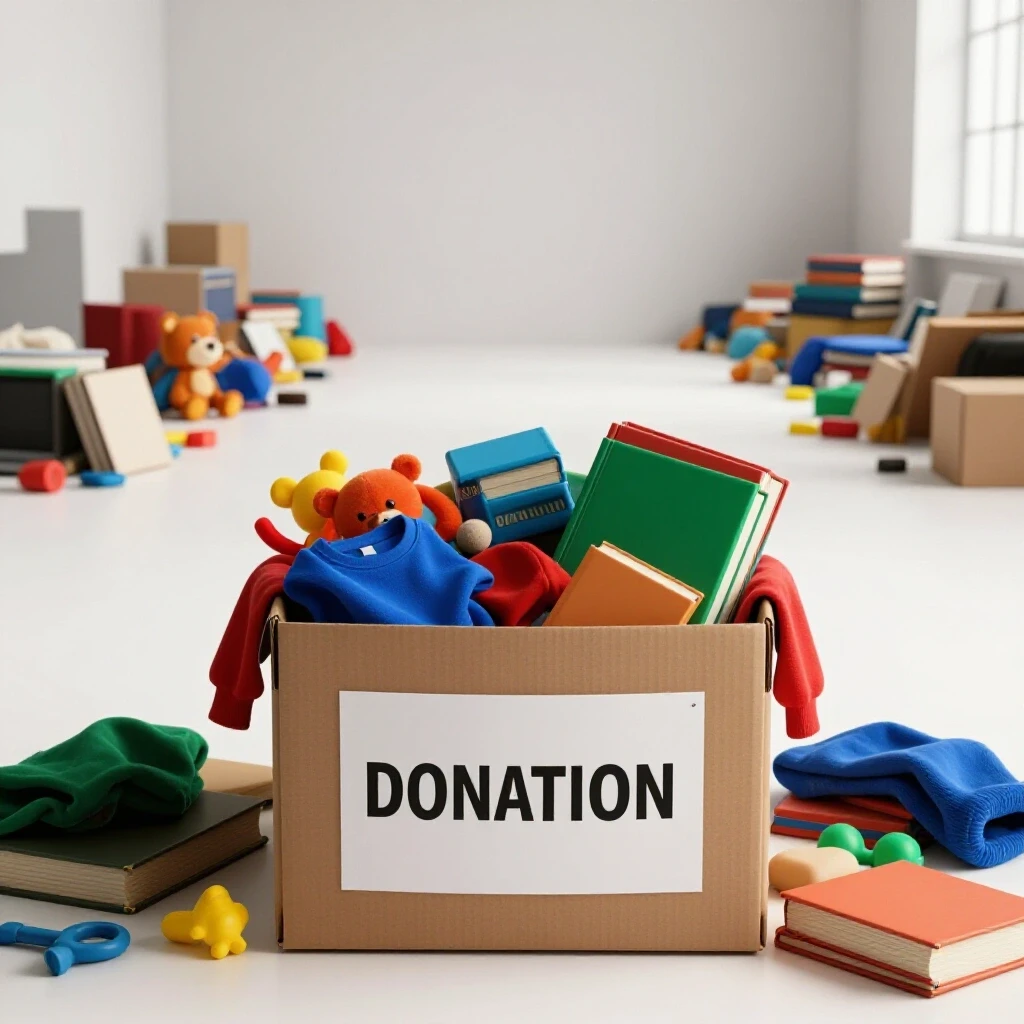 A vibrant donation box overflowing with colorful items surrounded by a tidy minimalist space, symbolizing decluttering.