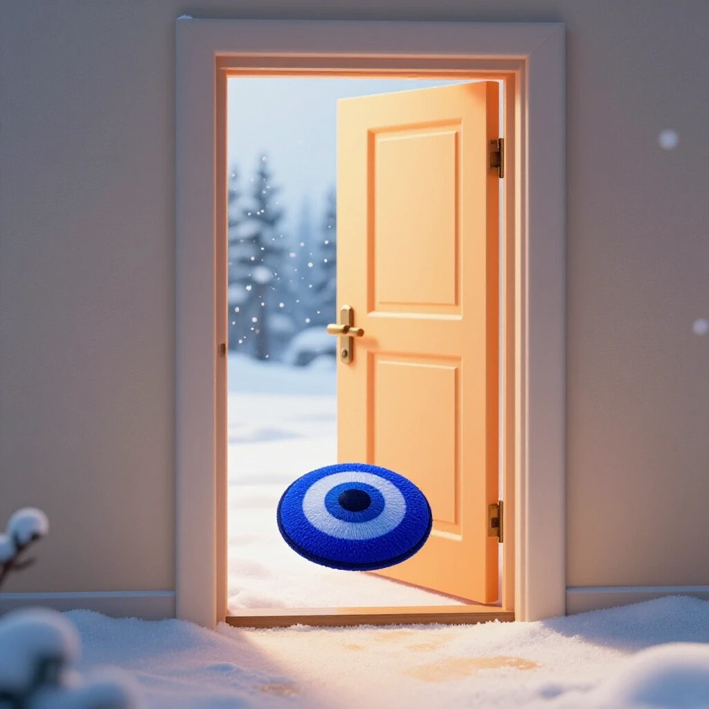 A cozy winter scene with a blue draft stopper at an ajar door and snowflakes falling outside.