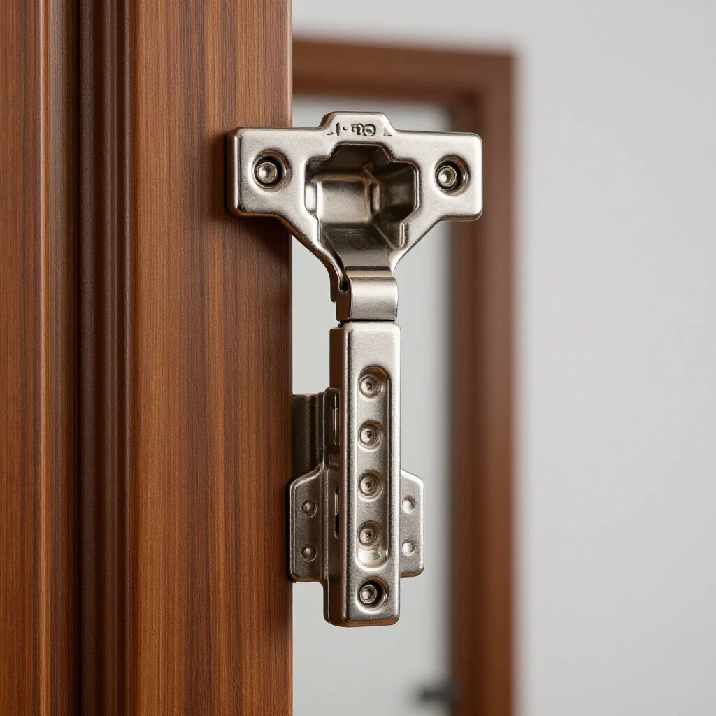 Close-up of a shining metal door hinge set against a blurred open door, emphasizing craftsmanship and design.
