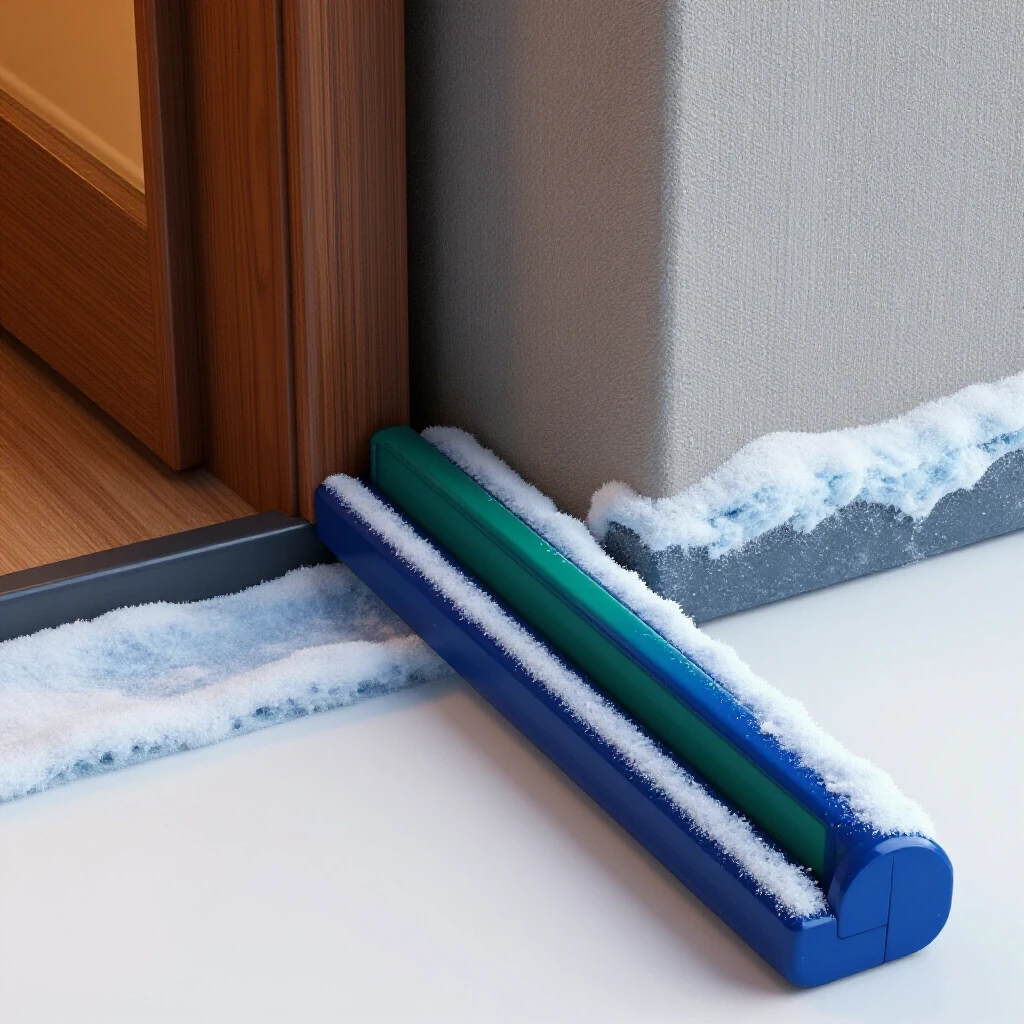 A door threshold seal showcased between a cozy, warm interior and an icy, winter exterior, illustrating winterproofing effectively.