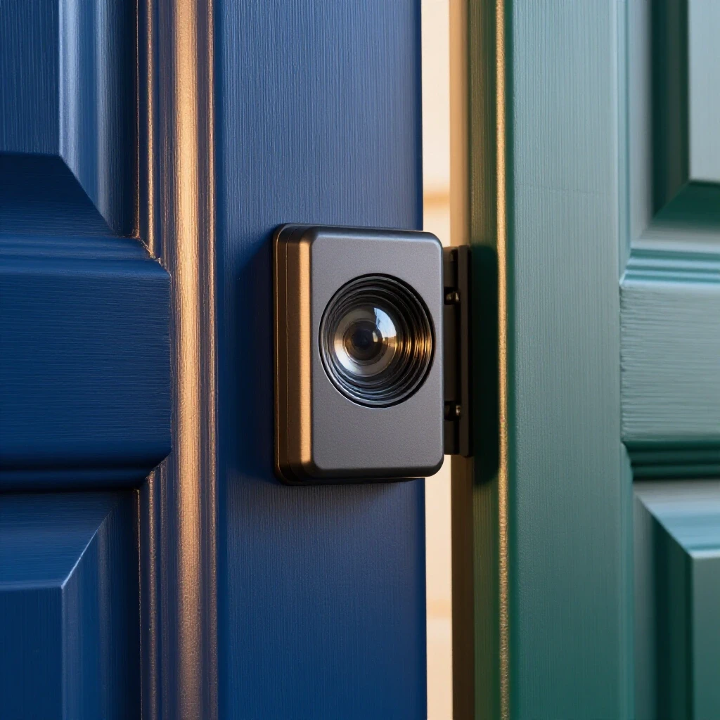 Close-up of a partially open door with a sleek door viewer reflecting an eye, highlighting home security features.