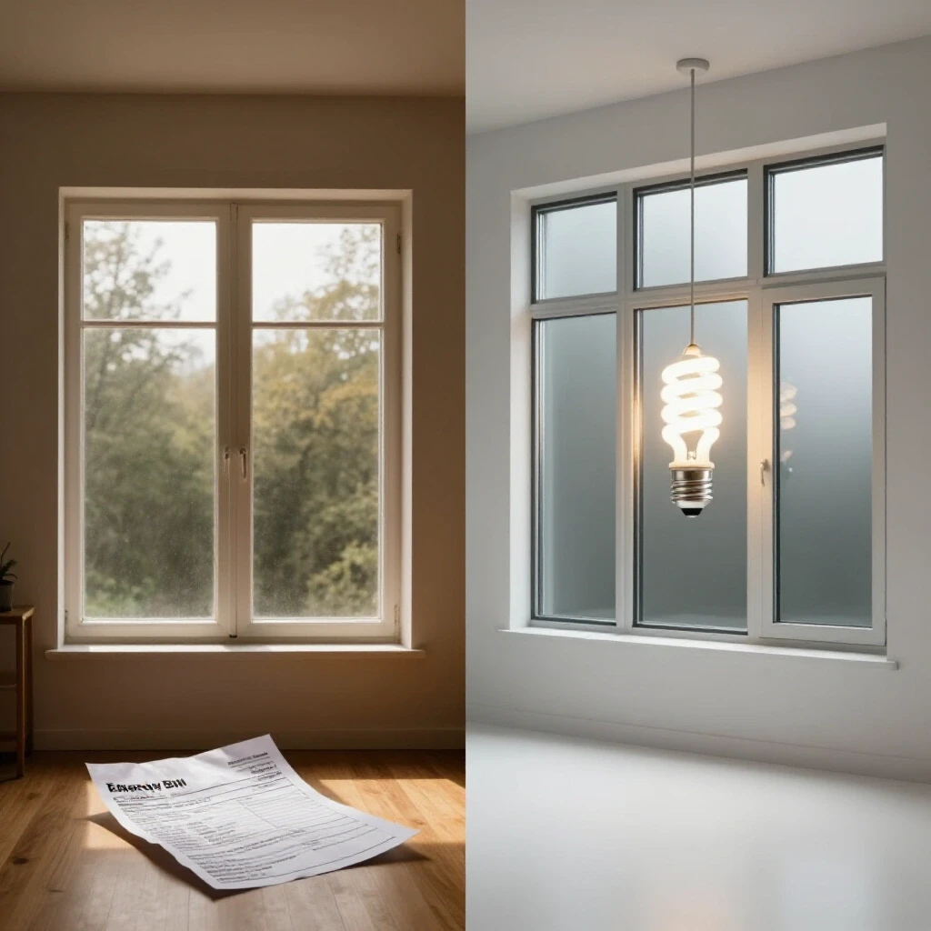 A split-image showcasing a cozy double-pane window room and a modern triple-pane window room, illustrating energy efficiency.