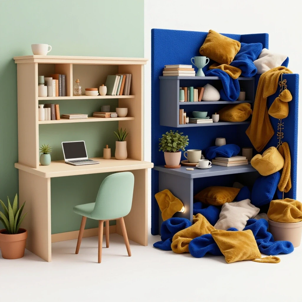 A cozy organized room contrasted with a cluttered oversized space, showcasing the downsizing journey in vibrant colors.
