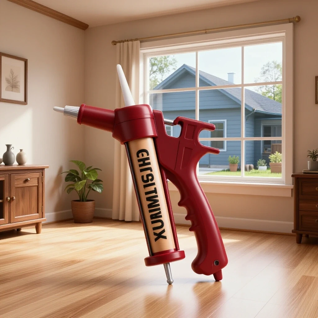 A striking 3D-rendered image showcasing a cozy home interior with a caulk gun, contrasting with a drafty exterior.