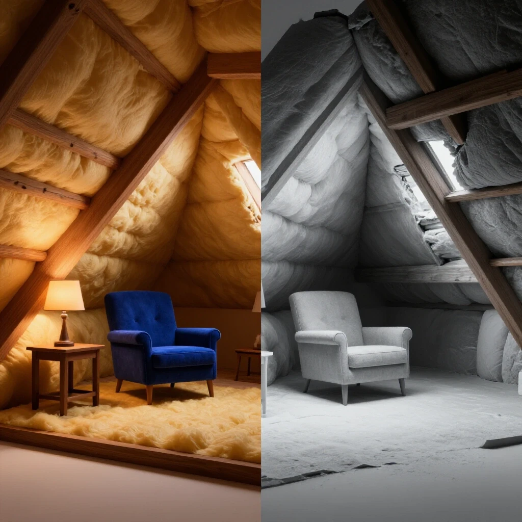 An attic scene contrasting a cozy, insulated space with a drafty environment, showcasing two sides of attic conditions.